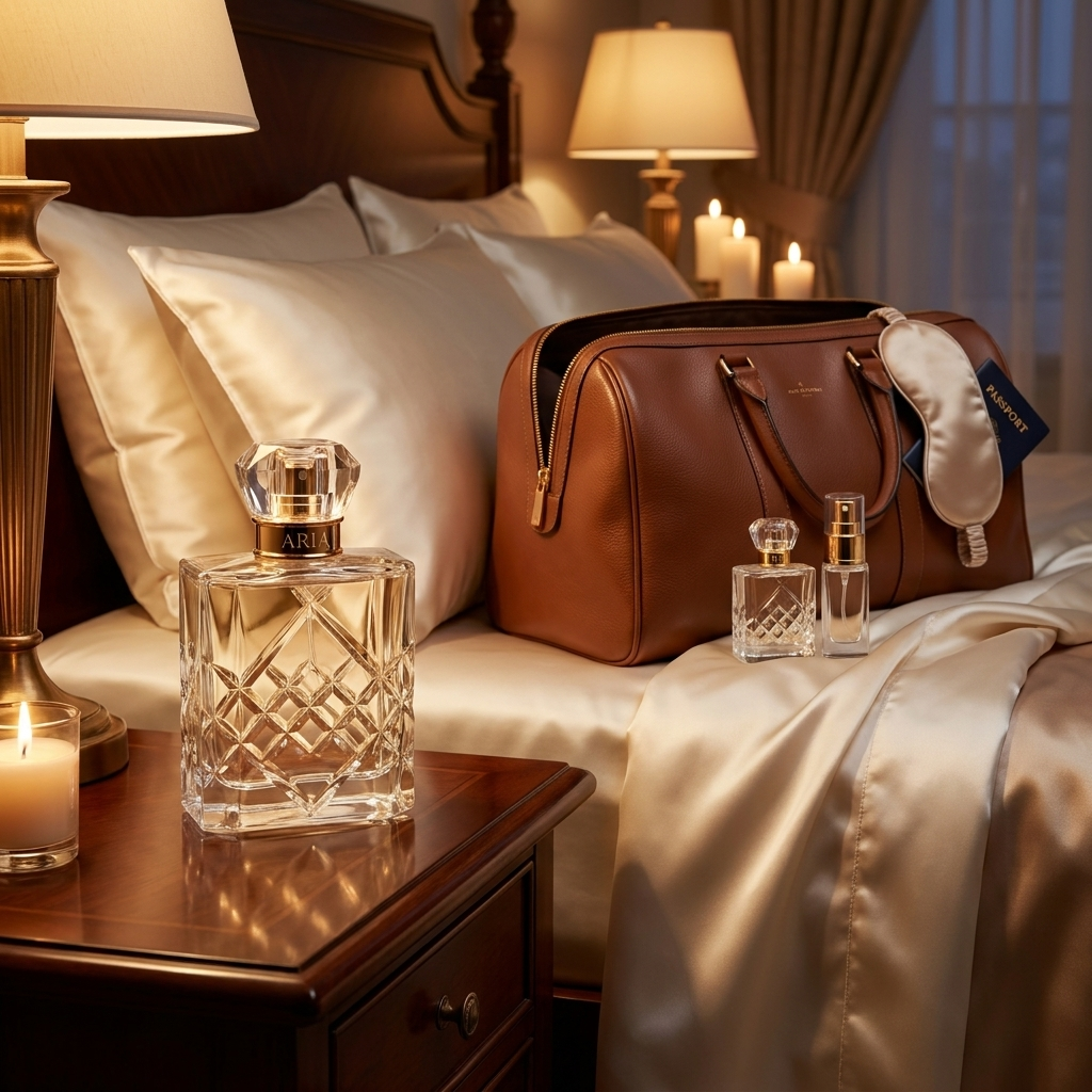 The Home & Away Set — ARIA glass bottle on the nightstand with travel set packed in a leather weekend bag