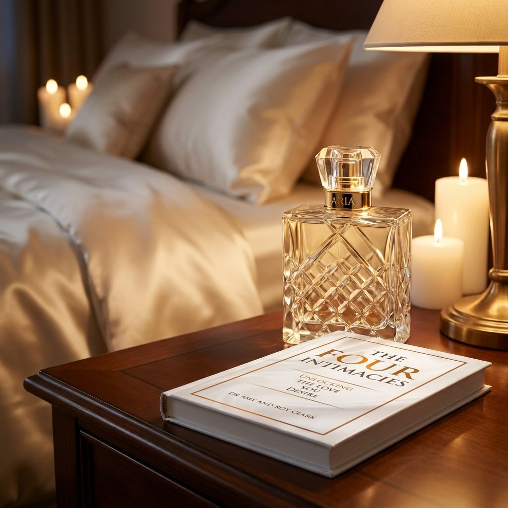 The Intimacy Gift Set — The Four Intimacies book and ARIA Luxe Silicone glass bottle on a nightstand in warm evening light